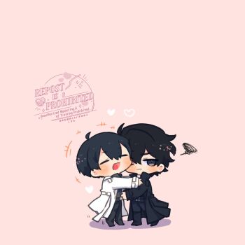 2boys :d ahoge black_coat black_eyes black_hair black_shirt chibi chibi_only closed_eyes coat curtained_hair double-parted_bangs full_body grin hair_between_eyes highres hug kim_dokja kimidori_22 male_focus multiple_boys notice_lines omniscient_reader&#039;s_viewpoint open_clothes open_coat open_mouth outstretched_arms popped_collar shirt short_hair smile squiggle standing white_coat yoo_joonghyuk