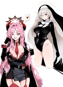 2girls absurdres between_breasts black_gloves black_headwear black_leotard blue_archive blush breasts cleavage closed_mouth coat garter_straps gloves grey_hair habit halo heart highleg highleg_leotard highres horns justina_follower_(blue_archive) large_breasts leotard long_hair looking_at_viewer multiple_girls necktie necktie_between_breasts nun open_mouth pink_eyes pink_hair plentyofempty red_eyes sakurako_(blue_archive) sakurako_(justina_uniform)_(blue_archive) satsuki_(blue_archive) simple_background sparkle spoken_heart very_long_hair white_background