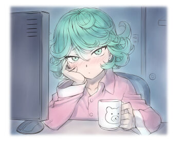 1girl blush chair commentary_request computer_mouse cup curly_hair door green_eyes green_hair head_rest highres mogudan monitor mug one-punch_man pajamas pink_pajamas sitting solo tatsumaki upper_body watching