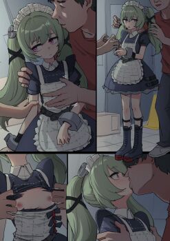 1girl 2boys ankle_boots apron boots breasts collar corin_wickes dress forced_kiss frilled_dress frills green_hair hetero highres imminent_rape kiss loli long_hair maid maid_apron maid_headdress molestation multiple_boys nipples pink_eyes small_breasts torn_clothes twintails very_long_hair yamomono zenless_zone_zero