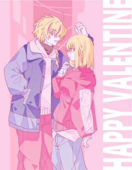 Rule 34 | 1boy, 1girl, absurdres, ahoge, blonde hair, blue jacket, blue pants, braid, building, commentary request, english text, fate/strange fake, fate (series), hand in pocket, hand up, happy valentine, highres, hood, hoodie, jacket, kanitak0, long sleeves, looking at viewer, multicolored hair, pants, pink hoodie, pink pants, profile, rattail, red hair, richard i (fate), sajou ayaka (fate/strange fake), sideways glance, streaked hair, white hoodie