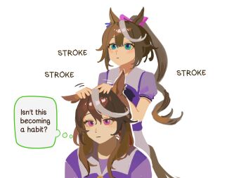 2girls animal_ears blue_eyes blush bow bowtie breasts brown_hair closed_mouth ear_bow ear_ribbon earrings english_text hair_between_eyes hashtag-only_commentary highres horse_ears horse_girl horse_tail jewelry long_hair multicolored_hair multiple_girls petting ponytail puffy_short_sleeves puffy_sleeves purple_bow purple_bowtie purple_eyes purple_shirt sailor_collar sailor_shirt school_uniform selvha shirt short_sleeves simple_background skirt sound_effects speech_bubble streaked_hair symboli_rudolf_(umamusume) tail thought_bubble tokai_teio_(umamusume) tracen_school_uniform two-tone_hair umamusume white_background white_hair white_sailor_collar white_skirt