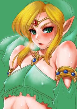 Rule 34 | 1boy, alternate costume, blonde hair, blush, covered erect nipples, crossdressing, crossdressing (mtf), detached sleeves, gerudo set (zelda), green eyes, highres, lilysick, link, lips, male focus, nintendo, pointy ears, solo, sweat, the legend of zelda, the legend of zelda: breath of the wild, trap