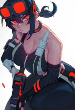 1girl arm_pouch asymmetrical_gloves backlighting bare_shoulders black_hair breasts bright_pupils casing_ejection choker curvy duplicate elbow_gloves eyebrows_hidden_by_hair floating_hair gloves goggles goggles_on_head grace_howard hair_between_eyes highres holding holding_weapon large_breasts long_hair looking_at_viewer low_ponytail mismatched_gloves pants parted_lips pixel-perfect_duplicate ponytail pouch qtori red_eyes serious shell_casing simple_background solo sports_bra sweat weapon white_background white_pupils zenless_zone_zero zipper zipper_pull_tab zipper_top