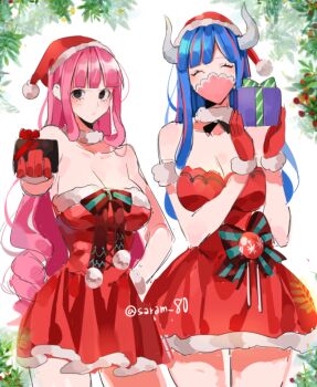 Rule 34 | 2girls, bad id, bad twitter id, black eyes, blue hair, box, breasts, christmas, dress, gift, gift box, hat, horns, joman, large breasts, multicolored hair, multiple girls, one piece, perona, pink hair, pout, santa costume, santa dress, santa hat, ulti (one piece)