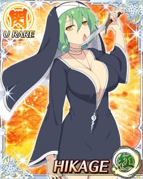 Rule 34 | 1girl, arm at side, arm up, between fingers, black choker, black dress, border, breasts, card (medium), center opening, character name, choker, cleavage, dress, game cg, green hair, hikage (senran kagura), holding, holding knife, knife, knives between fingers, large breasts, licking, licking blade, licking weapon, looking at viewer, medium hair, necklace between breasts, nun, nun headdress, official art, senran kagura, senran kagura new wave, slit pupils, solo, third-party source, tongue, tongue out, weapon, yellow eyes