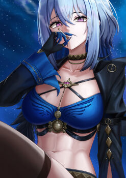 1girl abs absurdres black_jacket blue_bra blue_nails bra breasts cleavage collarbone commentary commonalty fingernails galbrena_(wuthering_waves) gold_choker hair_between_eyes highres jacket large_breasts long_sleeves looking_at_viewer mole mole_on_neck navel night open_clothes open_jacket outdoors paid_reward_available parted_lips purple_eyes sharp_fingernails sitting smoking solo stomach toned toned_female underwear variant_set very_long_fingernails wuthering_waves