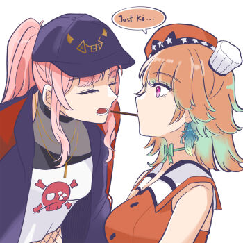 2girls baseball_cap bow bow_choker breasts chef_hat chocolate choker crop_top detached_sleeves earrings feather_earrings feathers fishnet_top fishnets food food_in_mouth fuyuu_seibutsu gradient_hair green_choker green_hair halter_shirt halterneck hat highres holding holding_food holding_pocky hololive hololive_english incoming_pocky_kiss jacket jewelry long_hair mini_chef_hat mori_calliope mori_calliope_(streetwear) mouth_hold multicolored_hair multicolored_jacket multiple_girls multiple_hats navel official_alternate_costume open_mouth orange_hair orange_hat pants pink_hair pocky pocky_in_mouth pocky_kiss ponytail red_eyes red_jacket shared_food shirt skirt skull_and_crossbones skull_print smile sweatpants takanashi_kiara takanashi_kiara_(1st_costume) track_suit two-tone_jacket virtual_youtuber yuri
