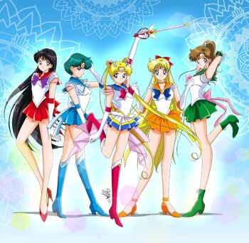 Rule 34 | 5girls, aino minako, anello81, bishoujo senshi sailor moon, black hair, blonde hair, blue eyes, blue hair, boots, bow, breasts, brown hair, gloves, green eyes, high heels, hino rei, kino makoto, long hair, magical girl, miniskirt, mizuno ami, multiple girls, purple eyes, red bow, sailor jupiter, sailor mars, sailor mercury, sailor moon, sailor venus, see-through clothes, see-through sleeves, short hair, skirt, standing, standing on one leg, super sailor jupiter, super sailor mars, super sailor mercury, super sailor moon, super sailor venus, tsukino usagi, twintails, very long hair
