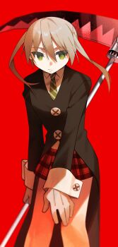 Rule 34 | 1girl, absurdres, blonde hair, closed mouth, commentary request, feet out of frame, frown, gloves, green eyes, hand on own leg, highres, holding, holding scythe, jacket, maka albarn, necktie, piyo main, plaid clothes, plaid skirt, red background, scythe, skirt, soul eater, soul evans, twintails, white gloves