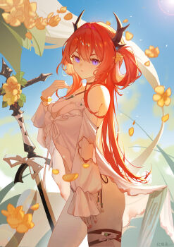 1girl absurdres arknights bare_shoulders bikini breasts cleavage cowboy_shot flower hair_intakes hair_rings highres hongshaoyu horns large_breasts long_hair long_sleeves looking_at_viewer official_alternate_costume purple_eyes red_hair solo standing surtr_(arknights) surtr_(colorful_wonderland)_(arknights) swimsuit sword thigh_strap thighs very_long_hair weapon yellow_flower