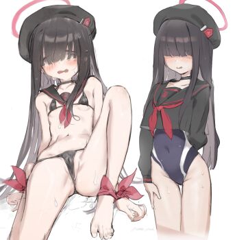 1girl barefoot beret bikini black_bikini black_choker black_eyes black_hair black_headwear black_sailor_collar black_shirt blue_archive blush breasts choker covered_navel female_focus hair_over_eyes halo hat highres justice_task_force_member_(blue_archive) long_hair long_sleeves looking_at_viewer multiple_views navel neckerchief nemo_(leafnight) one-piece_swimsuit open_mouth red_neckerchief sailor_collar shirt simple_background sitting small_breasts swimsuit swimsuit_under_clothes white_background