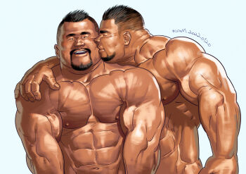 2boys abs bara beard connected_beard couple cowboy_shot dark-skinned_male dark_skin facial_hair flexing_pectorals goatee hand_on_another's_shoulder happy highres kiss kissing_cheek male_focus mature_male multiple_boys muscular muscular_male nipples nude original raitokagami standing strongman_waist thick_eyebrows undercut yaoi