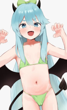 0rg 1girl aqua_eyes aqua_hair bemani bikini cameltoe demon_girl demon_horns demon_tail demon_wings fang flat_chest hair_ribbon highres horns legs loli looking_at_viewer navel near_(sound_voltex) ribbon smile solo sound_voltex standing stomach swimsuit tail thighs white_background wings