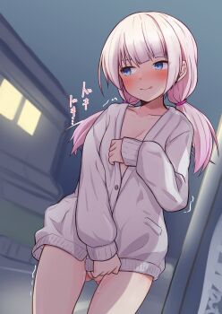 1girl absurdres blue_eyes blunt_bangs blurry blush breasts buttons cleavage collarbone covering_crotch covering_privates cowboy_shot depth_of_field dot_nose dutch_angle exhibitionism gluteal_fold highres hood hoodie long_hair looking_to_the_side night original outdoors pink_hair pubic_hair public_indecency pussy pussy_juice pussy_peek raraserara sidelocks solo tongue tongue_out trembling twintails white_hoodie window window_light
