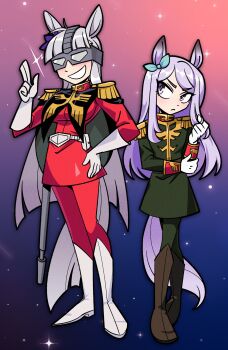 2girls absurdres animal_ears applejoople aqua_bow black_cape blush boots bow breasts brown_boots cape char_aznable char_aznable_(cosplay) closed_mouth cosplay ear_bow epaulettes garma_zabi garma_zabi_(cosplay) gloves goggles gold_ship_(umamusume) green_jacket green_pantyhose green_skirt grey_hair grin gundam halloween_costume highres horse_ears horse_girl horse_tail jacket large_breasts long_hair long_sleeves mejiro_mcqueen_(umamusume) military_uniform mobile_suit_gundam multiple_girls open_mouth pantyhose purple_bow purple_eyes purple_hair red_jacket red_pantyhose red_skirt skirt smile tail umamusume white_boots white_gloves