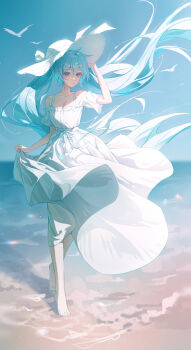 1girl absurdres alohayuja aqua_eyes aqua_hair bare_shoulders barefoot beach bird breasts cleavage closed_mouth collarbone commentary_request dress floating_hair frilled_dress frills full_body hair_between_eyes hand_up hat hatsune_miku highres light_smile long_dress long_hair looking_ahead medium_breasts off-shoulder_dress off_shoulder outdoors picture_hat short_sleeves skirt_hold solo sundress twintails vocaloid white_dress white_hat wind wind_lift