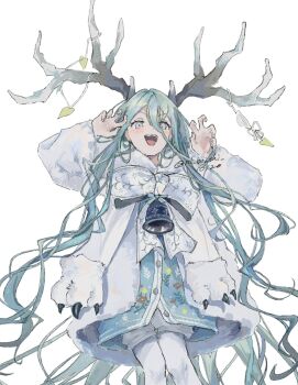 1girl antlers arms_up artist_name bell chest_bow claw_pose cowboy_shot deer_antlers fate/grand_order fate_(series) green_eyes green_hair highres horns long_hair long_sidelocks long_sleeves looking_at_viewer louhi_(fate) louhi_(second_ascension)_(fate) open_mouth sidelocks simple_background smile solo teeth upper_teeth_only very_long_hair white_background yowa_(niboshi)