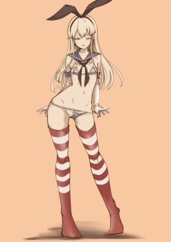 1girl animal_ear_hairband animal_ears bikini bikini_pull black_hairband black_neckerchief blonde_hair blue_bikini blue_sailor_collar brown_eyes chakoru clothes_lift clothes_pull collarbone commentary_request contrail cropped_shirt double-parted_bangs elbow_gloves fake_animal_ears flat_chest full_body gloves gluteal_fold hair_between_eyes hairband highres horizontal-striped_thighhighs kantai_collection long_hair long_sidelocks micro_bikini neckerchief no_pants one_eye_closed orange_background parted_lips rabbit_ear_hairband rabbit_ears red_thighhighs sailor_collar shadow shimakaze_(kancolle) shirt shirt_lift sidelocks simple_background sleeveless sleeveless_shirt smile solo standing string_bikini striped_bikini striped_clothes striped_thighhighs swimsuit thighhighs undressing white_bikini white_gloves white_shirt white_thighhighs