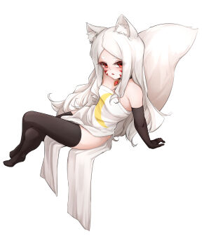 1girl absurdres animal_ears arm_support bare_shoulders black_choker black_gloves black_thighhighs blush breasts choker crescent_print crossed_legs dress elbow_gloves facial_mark fox_ears fox_girl fox_tail full_body gloves highres invisible_chair long_hair looking_at_viewer parted_lips pelvic_curtain reclining red_eyes sewayaki_kitsune_no_senko-san shiro_(sewayaki_kitsune_no_senko-san) side_slit simple_background sitting small_breasts sr_(takutaku525mi) strapless strapless_dress tail thighhighs whisker_markings white_background white_dress white_hair