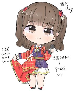 1girl 5th_live_tour_~4pair_power_spread!!!!~ animification blush bow bowtie brown_hair chibi chibi_only closed_mouth collared_shirt commentary_request dress_shirt full_body hair_bow hayama_fuka highres holding holding_microphone jacket link!_like!_love_live! long_hair looking_at_viewer love_live! microphone multicolored_skirt neck_ribbon open_clothes open_jacket plaid_clothes plaid_jacket purple_skirt purple_vest real_life red_bow red_bowtie red_jacket red_skirt ribbon shirt simple_background skirt smile solo split_mouth taiyou_de_are! tazaki_masanobu two_side_up vest voice_actor white_background white_shirt yellow_ribbon