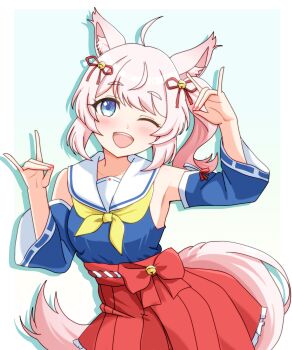 Rule 34 | 1girl, absurdres, animal ears, blue eyes, bow, bowtie, commentary request, detached sleeves, fox ears, fox girl, fox tail, hair ornament, hakama, highres, howan (show by rock!!), japanese clothes, multicolored hair, one eye closed, open mouth, red bow, red bowtie, red hakama, renny (seraphyfether), ribbon-trimmed sleeves, ribbon trim, sailor collar, show by rock!!, smile, tail