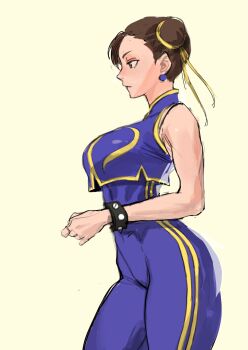 1girl blue_bodysuit bodysuit bracelet breasts brown_eyes brown_hair capcom chilicayenne2d chun-li cowboy_shot crop_top double_bun earrings from_side hair_bun hair_ribbon highres jewelry large_breasts ribbon sketch solo street_fighter street_fighter_zero_(series) thick_thighs thighs unitard white_background yellow_ribbon yellow_trim