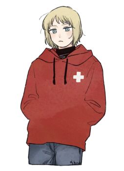 1boy axis_powers_hetalia black_sweater blonde_hair blue_eyes blush closed_mouth commentary_request cowboy_shot cross cross_print denim grey_pants half-closed_eyes hands_in_pockets highres hood hoodie looking_at_viewer male_focus mi_aph_to pants red_hoodie short_hair simple_background solo standing sweater switzerland_(hetalia) turtleneck turtleneck_sweater white_background