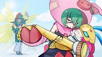 Rule 34 | 3girls, animal costume, animal ears, armor, bare shoulders, barobakuoikawa, blonde hair, cho-hakkaimon, cho hakkai, closed eyes, digimon, digimon (creature), eye mask, green armor, green eyes, green helmet, helmet, highres, imminent kiss, jougamon, long hair, mask, multiple girls, ofanimon, oikawa kurobaba, pig costume, pink hair, rabbit ears, rabbit girl, yuri