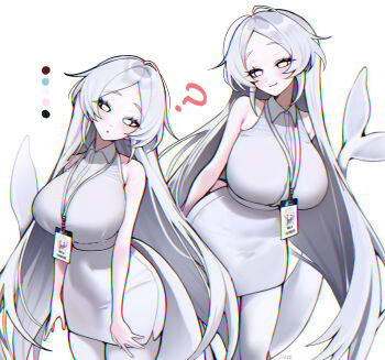 1girl :o ? bare_shoulders bela_(haze_(7h4ze)) beluga_whale bilingual_commentary breasts cetacean_tail closed_mouth collared_dress commentary_request cowboy_shot dress feet_out_of_frame fins fish_tail haze_(7h4ze) head_tilt highres id_card lanyard large_breasts light_blush long_hair looking_at_viewer mixed-language_commentary multiple_views no_pupils open_mouth original personification photo_inset short_dress simple_background sleeveless sleeveless_dress tail whale_girl white_background white_dress white_eyes white_hair