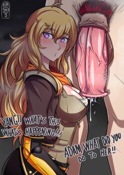 1boy 1girl adam_taurus blonde_hair blush breasts cleavage h3rz4rl hetero highres large_breasts long_hair looking_at_viewer netorare open_mouth penis precum purple_eyes rwby uncensored yang_xiao_long