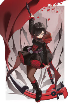 1girl absurdres black_boots black_dress black_hair black_shirt boots breasts cape crescent_rose dress full_body grey_eyes hair_between_eyes highres holding holding_weapon long_hair long_sleeves medium_breasts miniskirt multicolored_hair pantyhose red_hair red_ribbon ribbon ruby_rose rwby scythe shirt short_hair skirt smile solo weapon