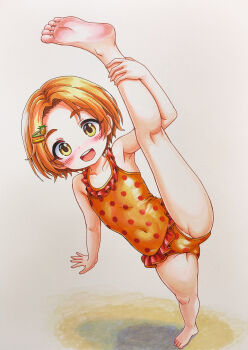 1girl absurdres armpits barefoot blush cameltoe flat_chest food-themed_hair_ornament frilled_one-piece_swimsuit frills full_body groin hair_ornament hairclip highres idolmaster idolmaster_cinderella_girls loli looking_at_viewer marker_(medium) one-piece_swimsuit open_mouth orange_hair orange_one-piece_swimsuit partially_visible_vulva pineapple_hair_ornament polka_dot_one-piece_swimsuit ryuzaki_kaoru short_hair smile soles solmyr2000 solo split standing standing_on_one_leg standing_split swimsuit toes traditional_media yellow_eyes