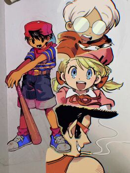 Rule 34 | 1girl, 3boys, :d, ana (mother), baseball bat, belt, belt buckle, black eyes, black hair, blonde hair, blue eyes, blue shirt, blue shoes, bow, brown belt, buckle, chromatic aberration, cigarette, commentary, dress, glasses, grin, hair bow, hat, highres, lloyd (mother), mother (series), mother 1, multiple boys, ninten, nintendo, open mouth, pink dress, pink hat, pompadour, red bow, red hat, red ribbon, red scarf, red socks, red sweater, ribbon, round eyewear, scarf, shirt, shoes, short hair, short sleeves, shorts, smile, smoke, smoking, sneakers, socks, striped clothes, striped shirt, sunglasses, sweater, teddy (mother), user zpnu2438, white hair