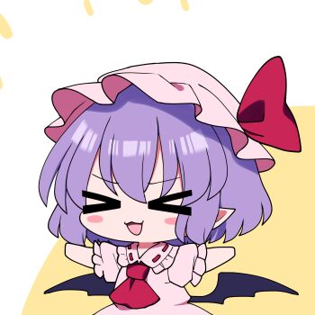 >_< 1girl :3 :d absurdres ascot bat_wings blue_hair blush chibi closed_eyes collared_shirt commentary_request dress frilled_shirt_collar frills hair_between_eyes hands_up happy hat hat_ribbon highres mob_cap open_mouth pink_dress pink_hat pink_shirt puffy_short_sleeves puffy_sleeves red_ascot red_ribbon remilia_scarlet ribbon shirt short_hair short_sleeves simple_background smile solo touhou transparent_background upper_body wings x3 xd you_(noanoamoemoe)