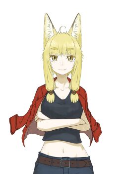1girl ahoge animal_ears belt black_tank_top blonde_hair blunt_tresses breasts brown_belt collarbone crossed_arms fox_ears fox_girl highres jacket jacket_on_shoulders low-tied_sidelocks midriff nito_(nshtntr) original sidelocks small_breasts smile solo tank_top thick_eyebrows upper_body yellow_eyes