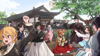 Rule 34 | 1other, 6+boys, 6+girls, absurdres, architecture, black hanbok, blonde hair, blue skirt, brown hair, brown hanbok, commentary request, dante (limbus company), don quixote (project moon), east asian architecture, everyone, faust (project moon), gat (hat), gregor (project moon), hanbok, hand fan, hat, heathcliff (project moon), highres, holding, holding fan, hong lu (project moon), ishmael (project moon), kite flying, korea, korean clothes, korean commentary, limbus company, long hair, meursault (project moon), multicolored sleeves, multiple boys, multiple girls, ootachi, open mouth, outis (project moon), pink skir, project moon, purple hanbok, red skirt, roan green, rodion (project moon), ryoshu (project moon), short hair, sinclair (project moon), skirt, smile, striped sleeves, tree, very long hair, white hanbok, white skirt, yellow eyes, yi sang (project moon)