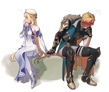 1boy 1girl aqua_jacket armor bare_shoulders beret black_gloves black_shirt blonde_hair blue_eyes blush breastplate detached_sleeves dress fingerless_gloves full-face_blush gauntlets genshin_impact gloves greaves hashtag-only_commentary hat hetero high_heels highres holding_hands jacket kkryatski leg_armor long_dress long_hair nicole_reeyn open_clothes open_jacket pants poleyn sabaton shirt short_hair single_gauntlet sitting thighhighs varka_(genshin_impact) very_long_hair white_background white_dress white_hat white_pants white_sleeves white_thighhighs