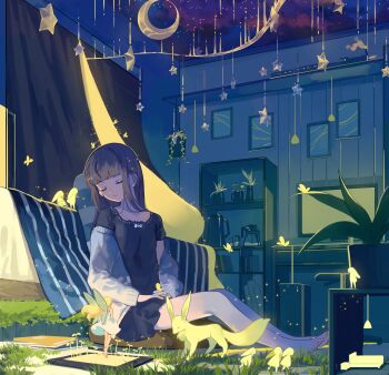 2girls absurdres bad_id bad_twitter_id bare_legs barefoot bed black_dress brown_hair closed_eyes closed_mouth coffee_pot collarbone computer computer_tower drawing_tablet dress expressionless eyebrows fairy fairy_wings highres computer_keyboard long_hair mini_person minigirl mixkechin monitor multiple_girls original pillow shelf sitting sleeping stylus tablet_pc teapot wings