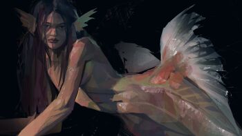 1girl absurdres aegyo_sal arched_back black_background black_eyes blue_hair commentary fins head_fins highres long_hair looking_at_viewer mermaid monster_girl nude original painterly serious simple_background solo straight_hair symbol-only_commentary twulfs