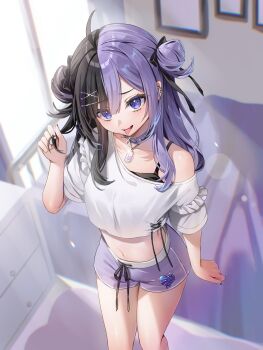 absurdres black_nails black_ribbon blurry blurry_background blush collar commission cropped_shirt depth_of_field dog_tags double_bun fang frilled_sleeves frills from_above hair_bun hair_ornament hair_ribbon hairclip highres holding holding_own_hair koakuma_rimu lens_flare long_eyelashes midriff multicolored_hair off-shoulder_shirt off_shoulder purple_collar purple_eyes purple_shorts ribbon runlan_0329 shirt short_sleeves shorts sidelocks single_off_shoulder skin_fang spiked_collar spikes thighs tongue tongue_out two-tone_hair virtual_youtuber