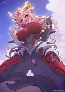 2girls areola_slip artist_name asymmetrical_gloves black_gloves black_sclera blue_sky blush breasts cloud cloudy_sky colored_sclera commentary coven_nami covered_navel fanbox_username fang fingernails gloves gluteal_fold gradient_hair hair_ornament highres large_breasts league_of_legends long_hair looking_down multicolored_hair multiple_girls nami_(league_of_legends) open_mouth parted_bangs patreon_username pink_hair purple_hair red_eyes sky smile solo_focus strongbana suction_cups tentacle_legs tongue two-tone_hair white_gloves