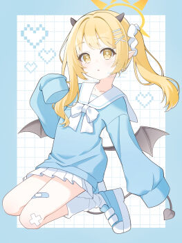 1girl absurdres alternate_costume bandaid bandaid_on_leg bandaid_on_thigh blonde_hair blue_archive blue_border blue_shirt blue_shoes blush border bow collarbone commentary_request double-parted_bangs frown full_body grid_background hair_between_eyes hair_intakes hair_ornament hair_scrunchie hairclip halo heart highres ibuki_(blue_archive) long_hair long_sleeves looking_at_viewer miniskirt parallel_hairclips petako_(ptpt_k) pleated_skirt sailor_collar scrunchie shirt shoes side_ponytail sidelocks simple_background skirt sleeves_past_fingers sleeves_past_wrists socks solo thighs white_background white_bow white_sailor_collar white_skirt white_socks yellow_eyes yellow_halo