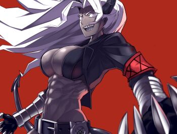 1girl abs armband bad_id bad_pixiv_id belt black_horns breasts colored_skin commentary dark-skinned_female dark_skin demon_girl demon_horns demon_tail female_focus from_side gauntlets grey_skin helltaker horns jacket judgement_(helltaker) large_breasts long_hair looking_at_viewer muscular navel parted_bangs red_background segmented_horns sharp_teeth simple_background smile solo tail teeth ub1mo white_eyes white_hair
