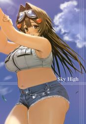 Rule 34 | 1girl, belly, blue shorts, blush, breasts, brown eyes, chain, cloud, glint, goggles, goggles on head, hair ornament, hand on own arm, heart, heart hair ornament, highres, hott0g111, medium breasts, midriff, nanaco (hott0g111), navel, original, parted lips, plump, short shorts, shorts, sky, smile, solo