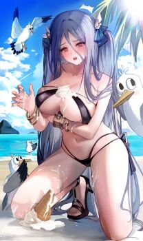 1girl absurdres arm_under_breasts bangle bare_shoulders bikini bird black_bikini black_sandals bracelet breasts brown_dust_(series) brown_dust_2 choi2494 cleavage cream_on_breasts food grey_hair hair_between_eyes highres ice_cream jewelry kneeling large_breasts long_hair looking_at_viewer morpeah_(brown_dust) multi-strapped_bikini_bottom navel open_mouth red_eyes sandals seagull side-tie_bikini_bottom solo stomach string_bikini swimsuit thighs two_side_up very_long_hair