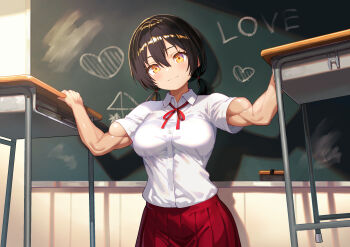1girl breasts brown_hair chalkboard commentary_request commission desk highres looking_at_viewer low_twintails medium_breasts murata_taichi muscular muscular_female original partial_commentary red_ribbon red_skirt ribbon school_desk school_uniform shadow shirt skeb_commission skirt solo twintails white_shirt yellow_eyes