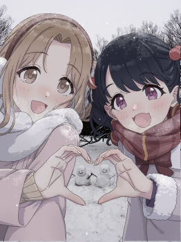 2girls :d bare_tree black_hair blush bow bowtie brown_eyes brown_hair brown_sweater coat commentary curtained_hair earmuffs fang fukumaru_koito fur-trimmed_coat fur_trim grey_coat grey_sky hair_ornament hand_up heart heart_hands heart_hands_duo ichikawa_hinana idolmaster idolmaster_shiny_colors long_sleeves looking_at_viewer medium_hair multiple_girls open_clothes open_coat open_mouth outdoors overcast parted_bangs photo_background pink_coat pom_pom_(clothes) pom_pom_hair_ornament purple_eyes red_bow red_bowtie red_scarf ribbed_sweater scarf skin_fang sky smile snow snowing snowman sweater symbol-only_commentary takada_(pixiv_97599311) tree twintails white_coat white_scarf winter winter_clothes
