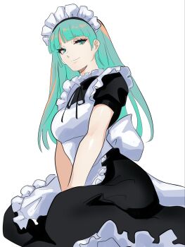 1girl apron black_dress breasts darkstalkers dress eyelashes green_eyes green_hair highres kneeling maid maid_headdress meke_(77842928) morrigan_aensland simple_background solo white_apron white_background