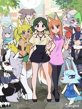 1boy 6+girls absurdres animal_crossing animal_ears apple artist_name asymmetrical_bangs beastars black_dress black_fur black_hair black_nails black_pantyhose black_skirt black_thighhighs blonde_hair blue_archive blue_eyes blue_fur blue_scarf bongftah boots bracelet brand_new_animal brown_fur brown_hair collar colored_sclera commentary crop_top dark-skinned_female dark_skin dress earrings eating facial_mark fang five_nights_at_freddy&#039;s five_nights_at_freddy&#039;s:_security_breach floating_earrings food forehead_mark fruit furry furry_female furry_male green_hair green_shorts grey_fur grey_hair grey_wolf_(kemono_friends) hand_on_own_hip hellaverse helluva_boss heterochromia highres holding holding_food holding_fruit holo jewelry juno_(beastars) kemono_friends liru long_hair long_sidelocks looking_at_viewer loona_(helluva_boss) midriff mononoke_hime multicolored_hair multiple_girls necklace necktie nintendo off_shoulder ogami_shirou pantyhose red_sclera renkin_san-kyuu_magical_pokaan roxanne_wolf san_(mononoke_hime) scarf shiroko_(blue_archive) shirt shoes short_dress short_sleeves shorts sidelocks skirt spice_and_wolf spiked_collar spikes standing symbol-only_commentary tail thigh_boots thighhighs trait_connection two-tone_hair white_shirt white_streaks whitney_(animal_crossing) wolf_ears wolf_girl wolf_tail zettai_ryouiki
